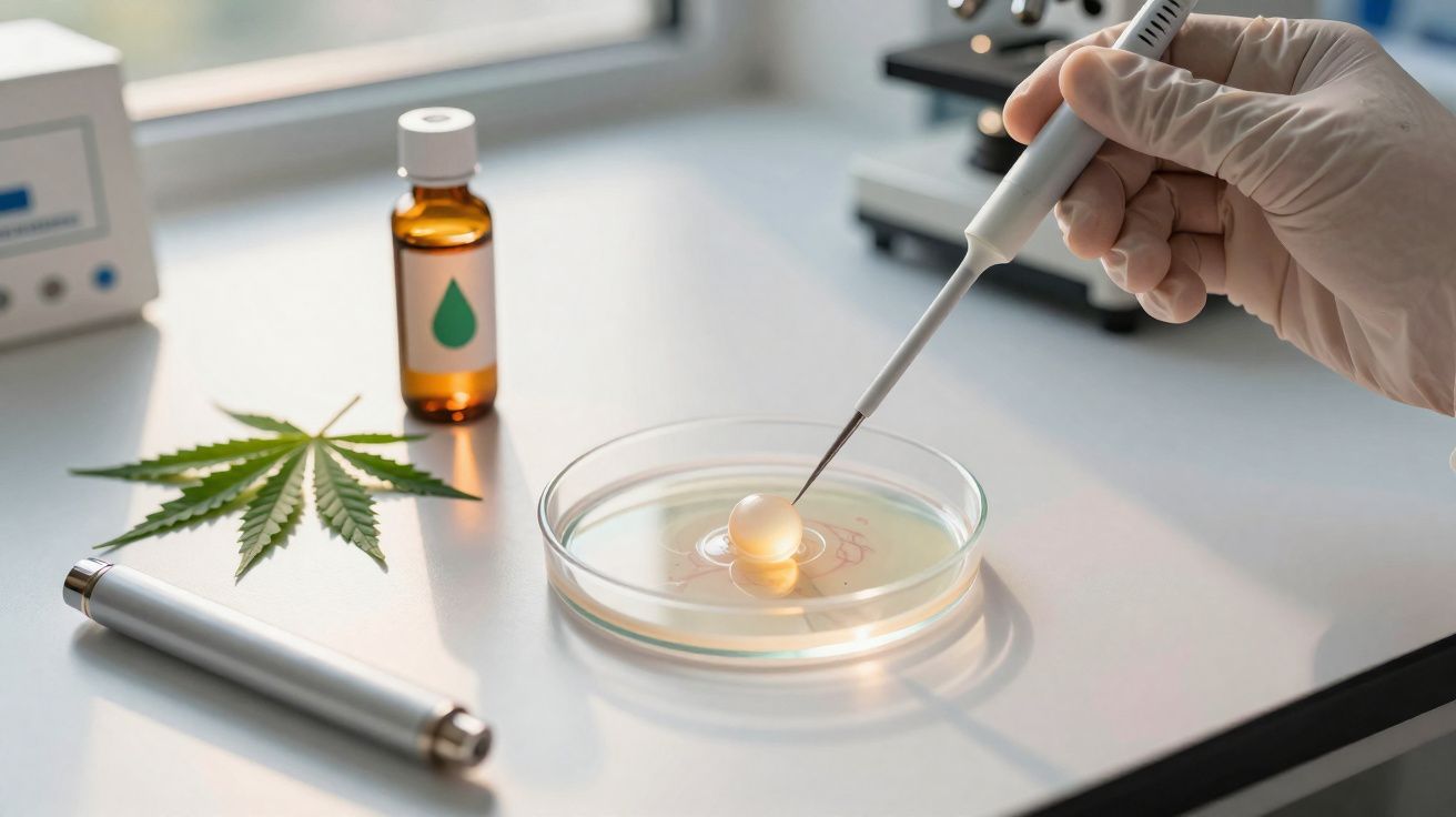Main gantée utilisant une pipette pour manipuler une goutte dans une boîte de Petri en laboratoire.