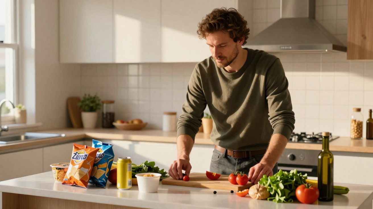Homme coupant des tomates dans une cuisine moderne avec divers légumes et snacks sur le plan de travail.