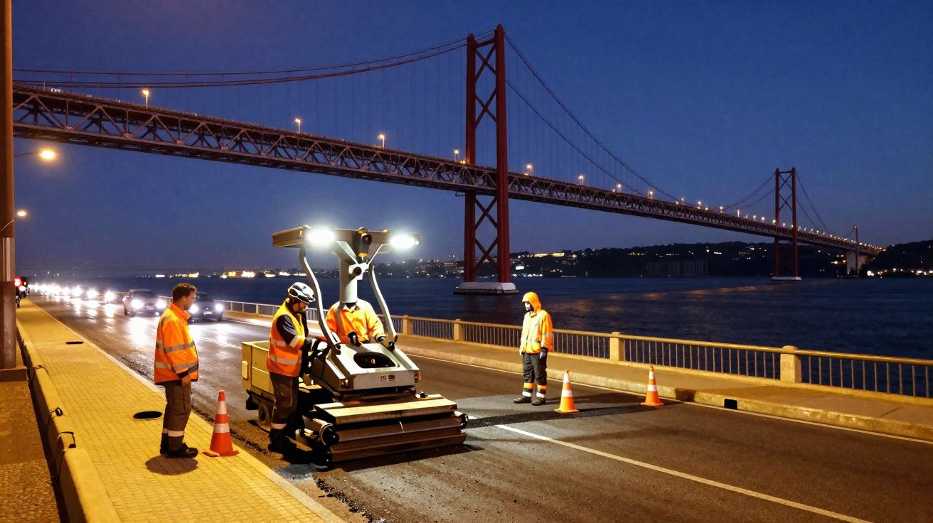 Travailleurs en gilets réfléchissants réfectionnant une chaussée la nuit près d’un grand pont suspendu éclairé.
