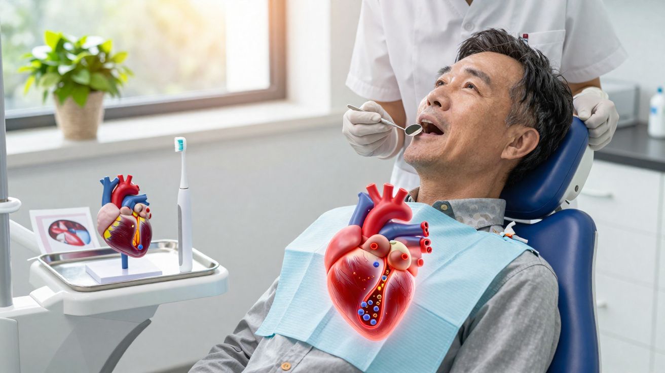 Patient asiatique assis chez le dentiste avec un modèle de cœur visible sur sa poitrine.