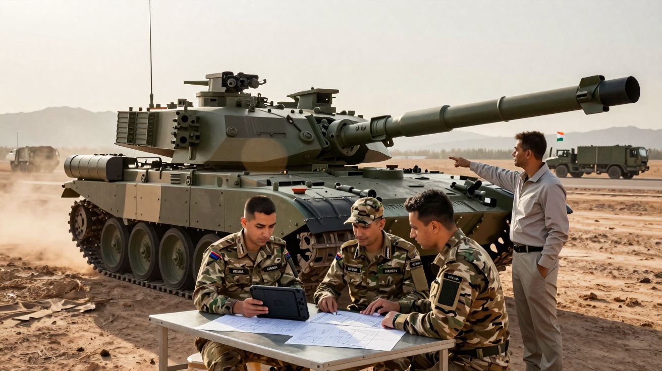 Trois soldats en uniforme discutent autour d'une carte avec un char d'assaut camouflé en arrière-plan dans le désert.