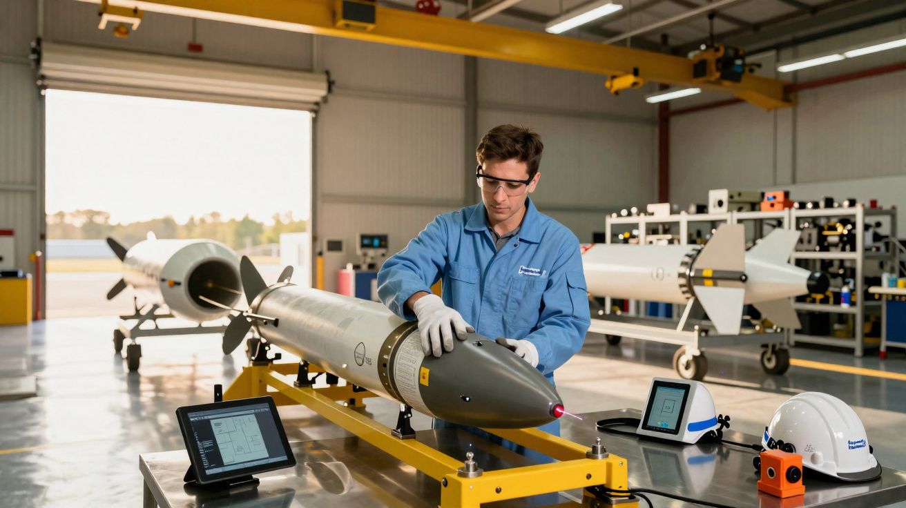 Technicien en blouse bleue assemblant un missile dans un atelier avec des écrans et équipements de sécurité.
