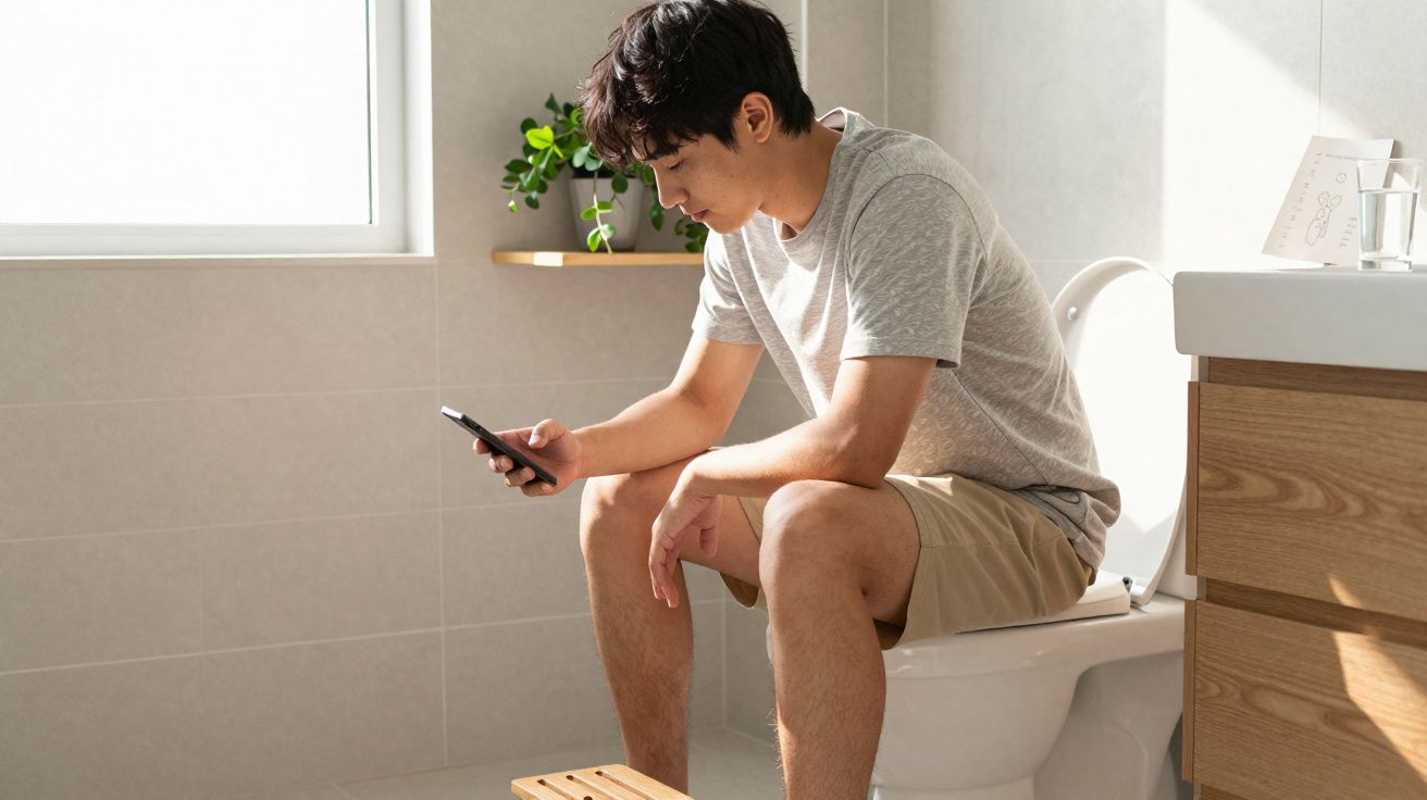 Jeune homme assis sur des toilettes dans une salle de bain, regardant son téléphone portable.