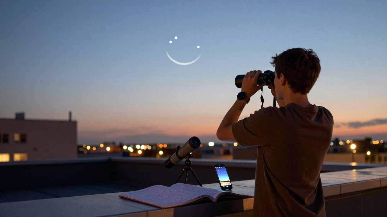 Un jeune homme observe le ciel au crépuscule avec des jumelles depuis un toit, à côté d'un télescope et d'un livre ouvert.