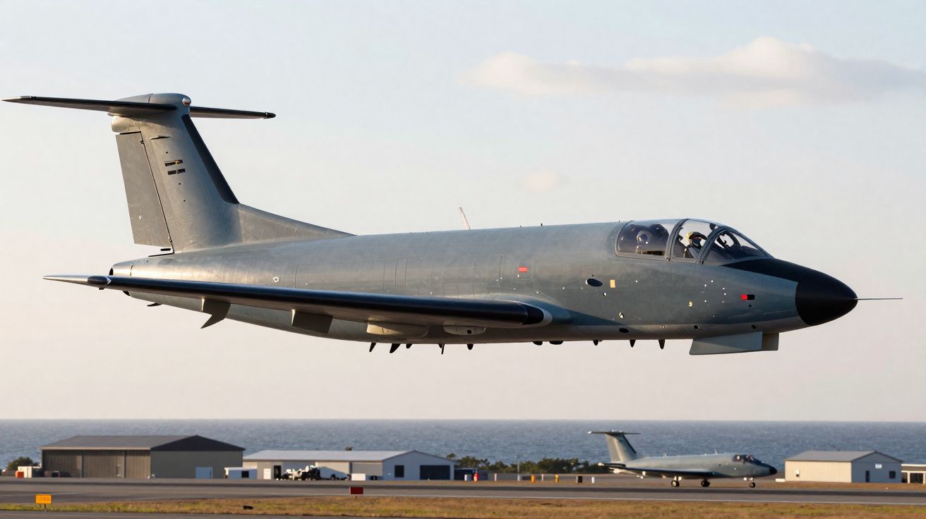 Avion militaire gris volant près du sol au-dessus d'une piste d'atterrissage avec un autre avion en arrière-plan.
