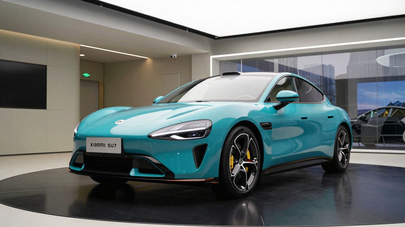 Voiture électrique Xiaomi SU7 bleu turquoise exposée dans un showroom moderne avec sol noir brillant.