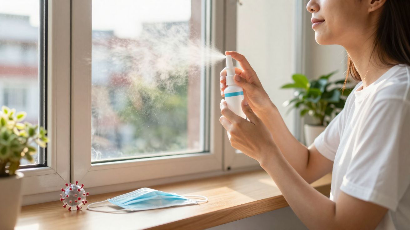 Femme utilisant un spray nasal près d'une fenêtre, masque et modèle de virus posés sur le rebord.