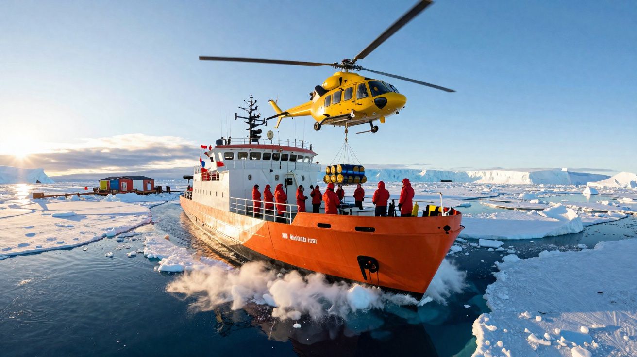 Un hélicoptère jaune transporte des barils au-dessus d'un bateau rouge entouré de glace en Antarctique.