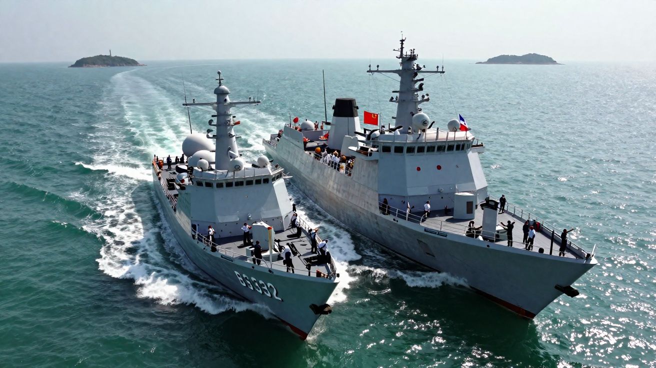 Deux navires militaires en mer avec des marins à bord, battant pavillon chinois et français, îles en arrière-plan.