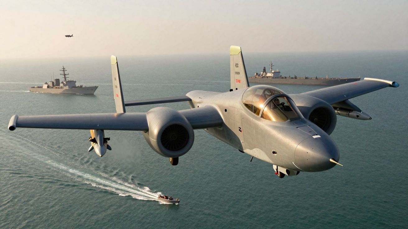 Avion militaire en vol basse altitude au-dessus de la mer avec navires de guerre et bateau rapide en arrière-plan.