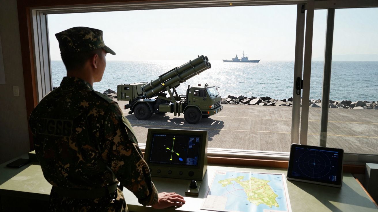 Militaire surveillant un véhicule lance-roquettes près de la mer avec un navire en arrière-plan depuis une salle de contrôle.