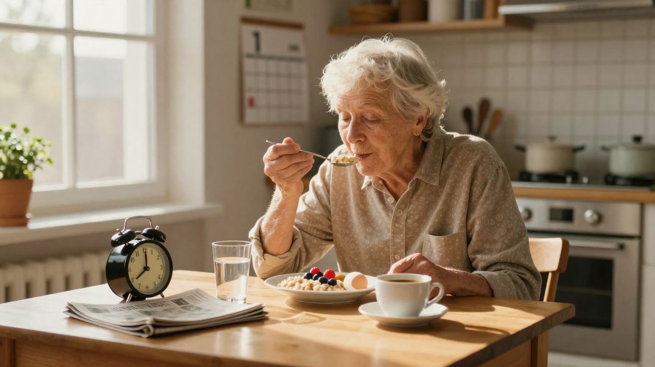 Femme âgée mangeant un petit-déjeuner sain à table dans une cuisine lumineuse au matin.