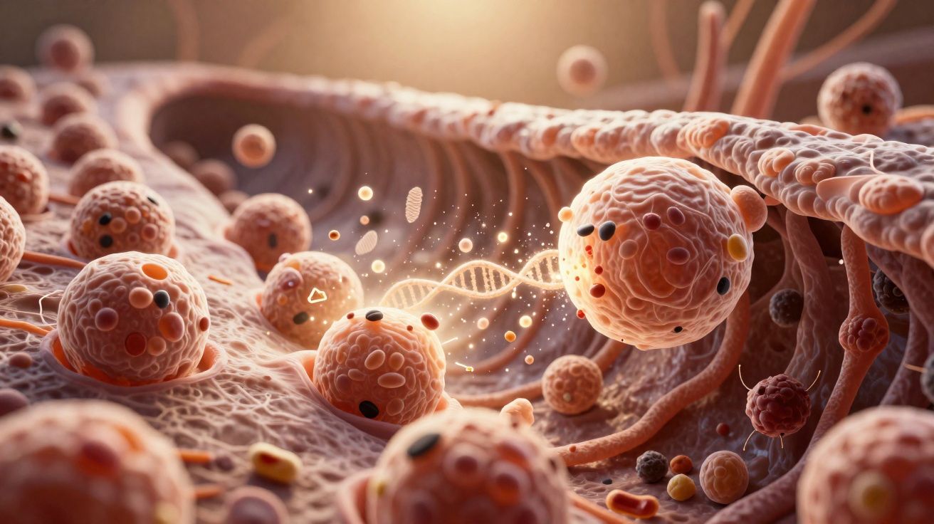 Vue microscopique de cellules et d'une molécule d'ADN dans un environnement biologique complexe.