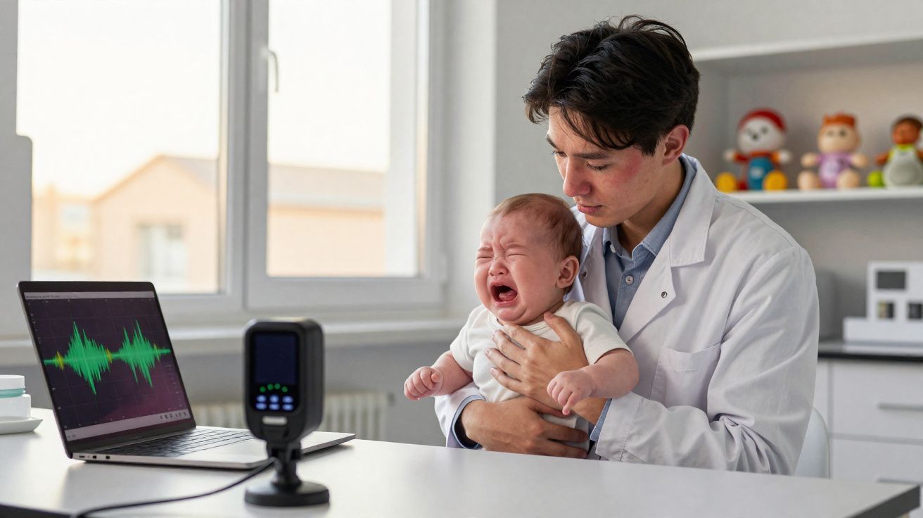 Médecin tenant un bébé qui pleure devant un ordinateur affichant des ondes sonores dans un cabinet médical.