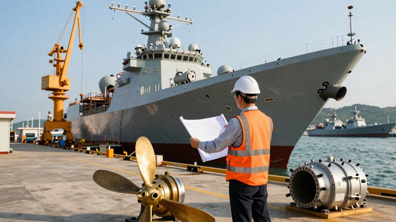 Ouvrier en gilet orange et casque blanc vérifiant des plans près d’un grand navire militaire au port.