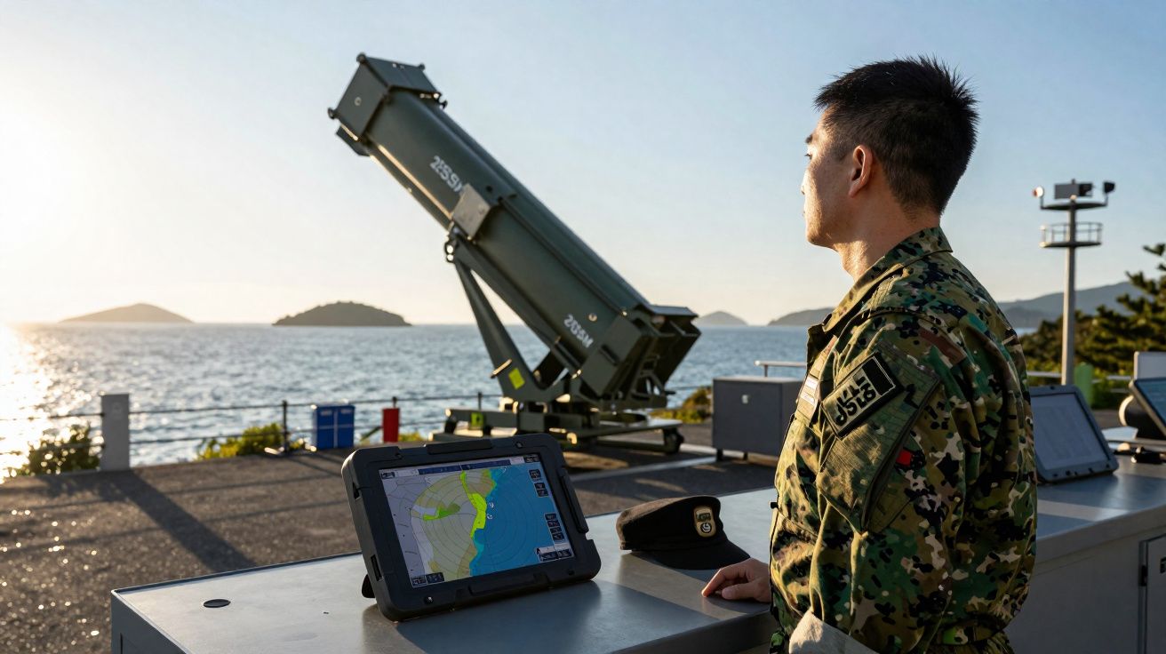 Militaire en uniforme observant la mer près d’un système de défense antimissile au coucher du soleil.