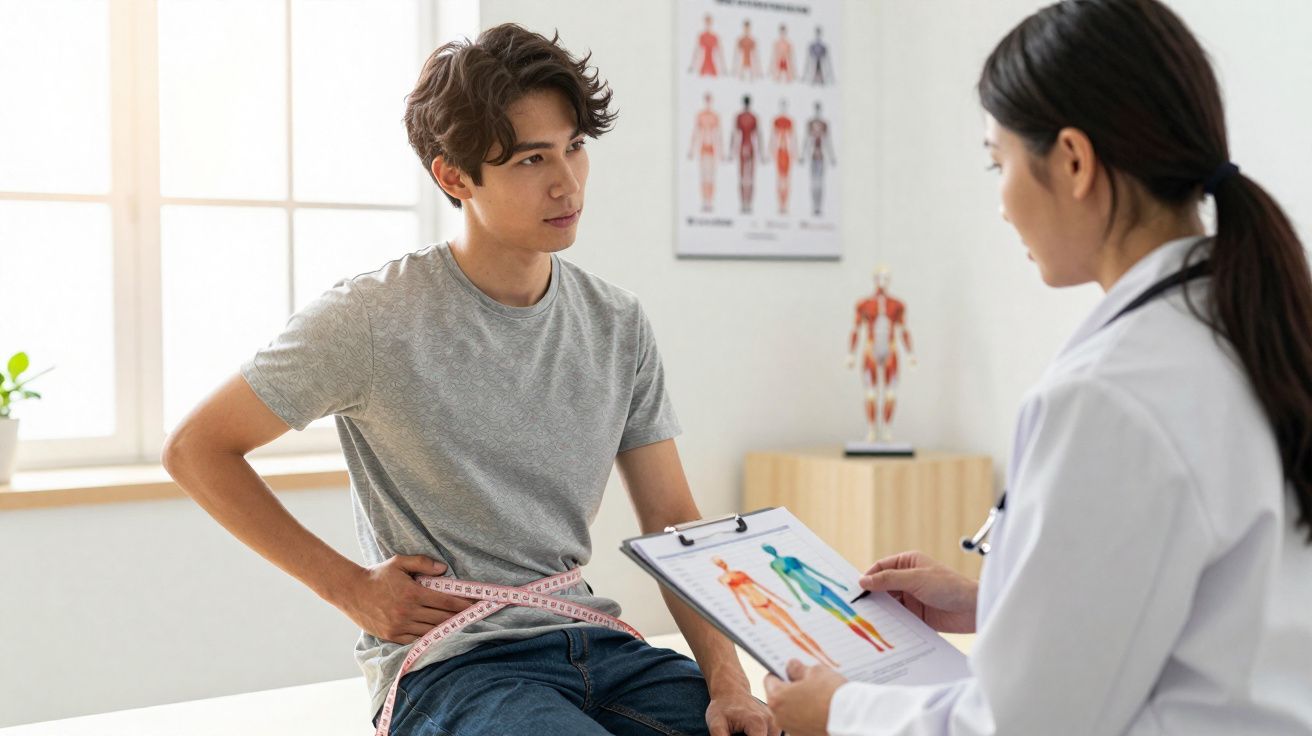 Jeune homme ayant mal au dos, consulté par une médecin en blouse blanche avec un diagramme corporel.