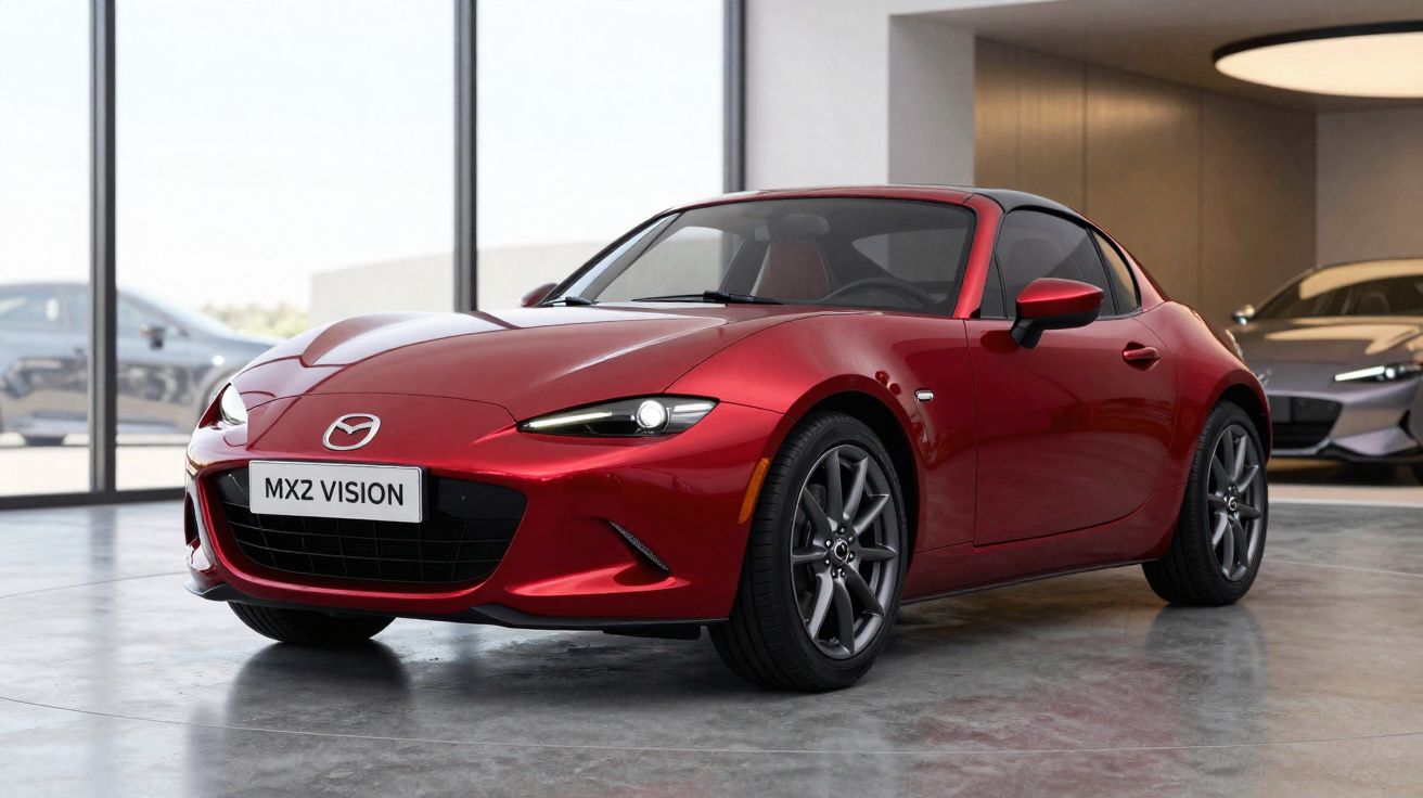 Voiture de sport rouge Mazda MX-5 Vision stationnée dans un showroom moderne avec sol en béton.