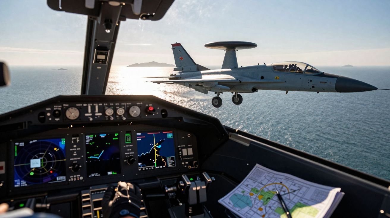 Vue depuis le cockpit d'un avion militaire avec un avion de chasse volant à côté au-dessus de la mer.
