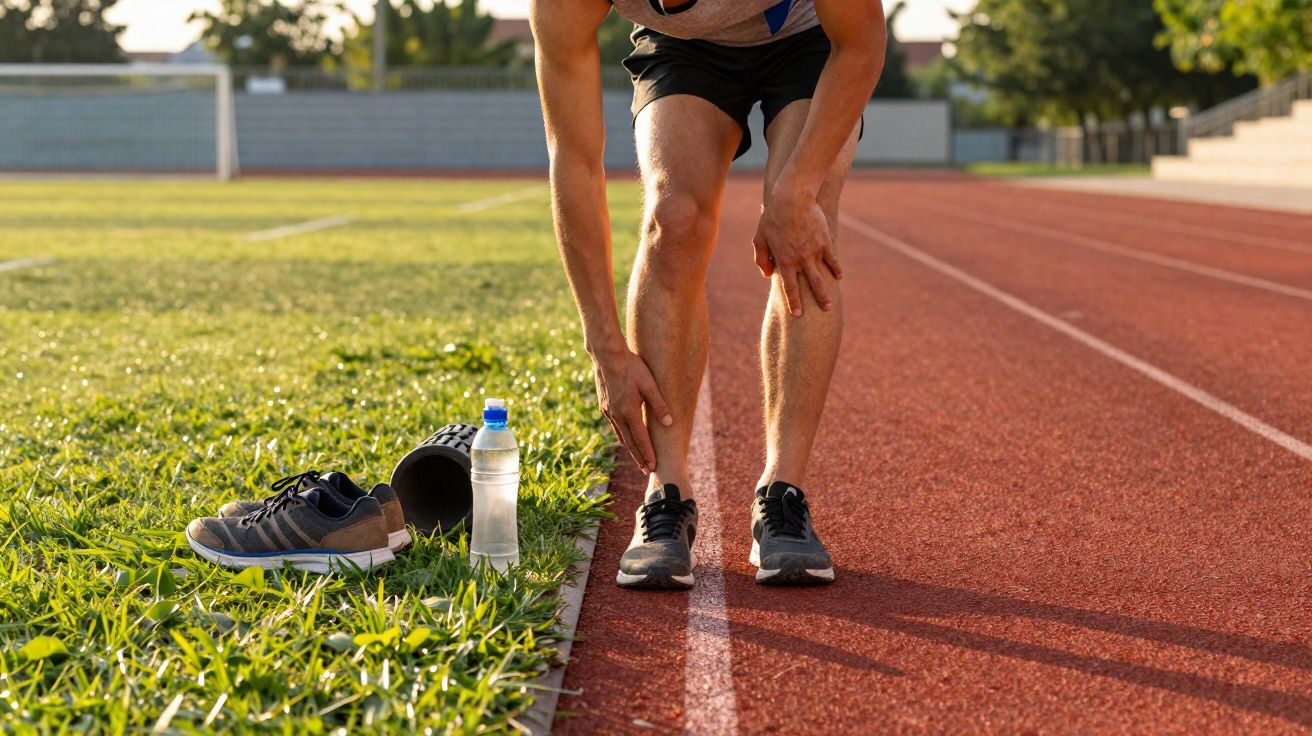 Un coureur tient sa cheville blessée sur une piste d'athlétisme au soleil couchant.