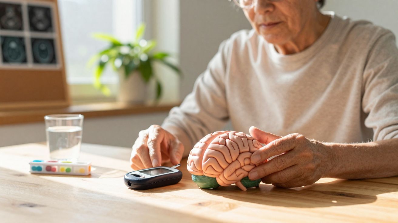 Personne âgée examinant un modèle de cerveau en plastique avec un glucomètre sur une table en bois.
