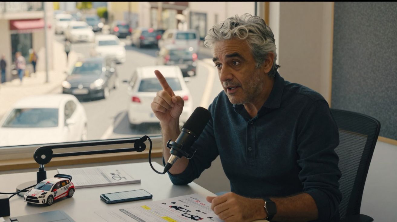 Homme aux cheveux gris parlant devant un micro dans un bureau avec vue sur une rue animée.