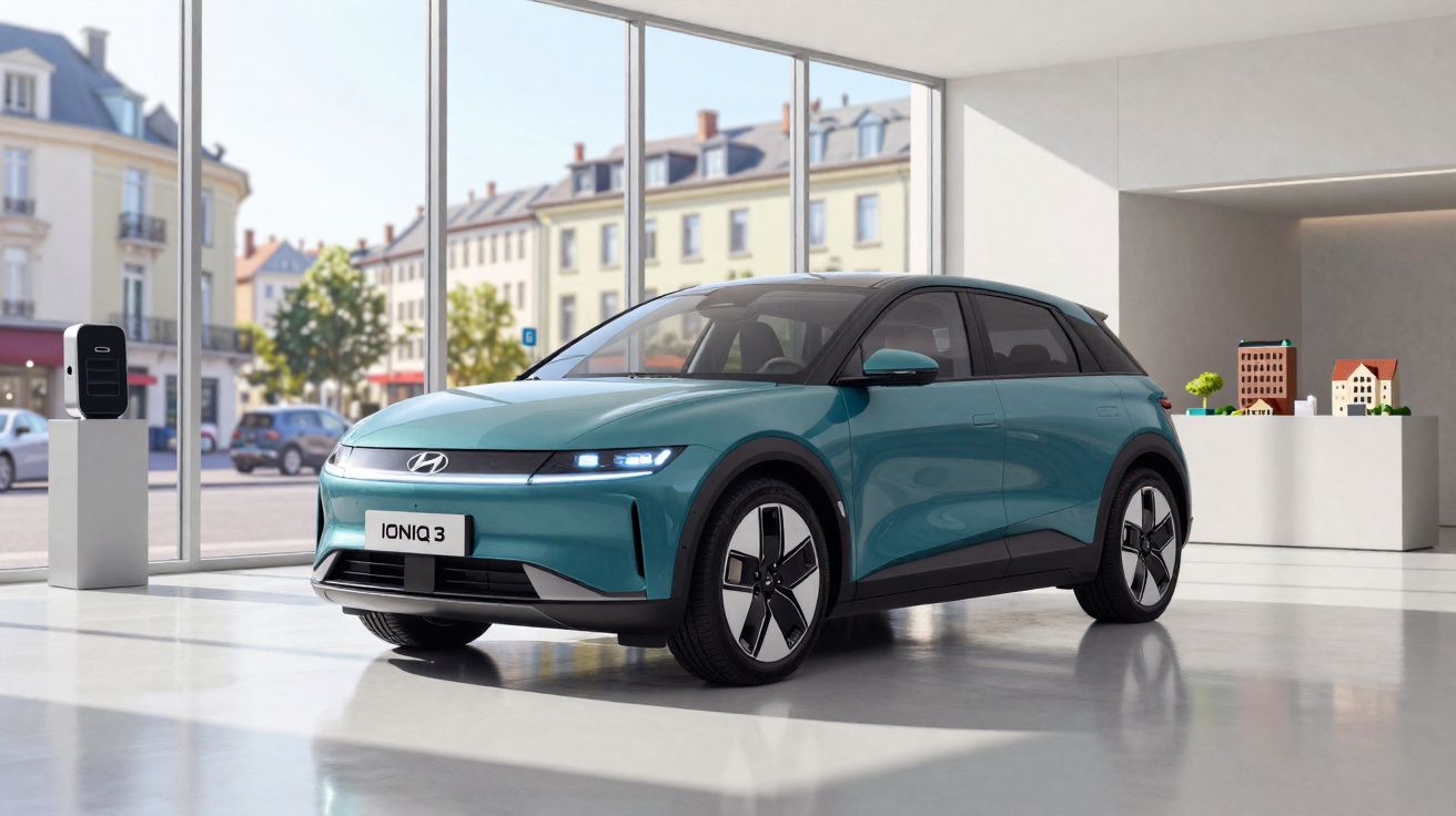 Voiture électrique Hyundai Ioniq 3 bleu turquoise dans un showroom lumineux avec vue sur la ville.