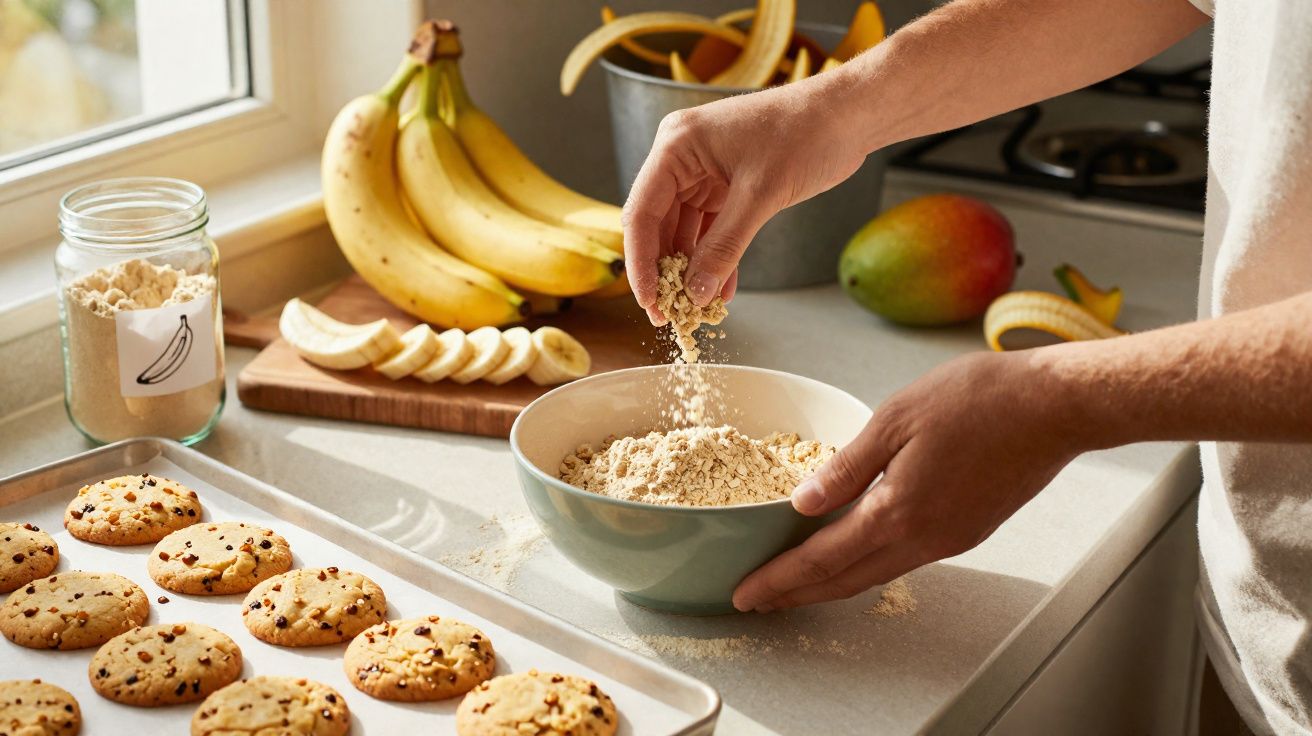 Mains ajoutant de la farine dans un bol, biscuits sur plaque, bananes tranchées et fruits sur plan de travail.