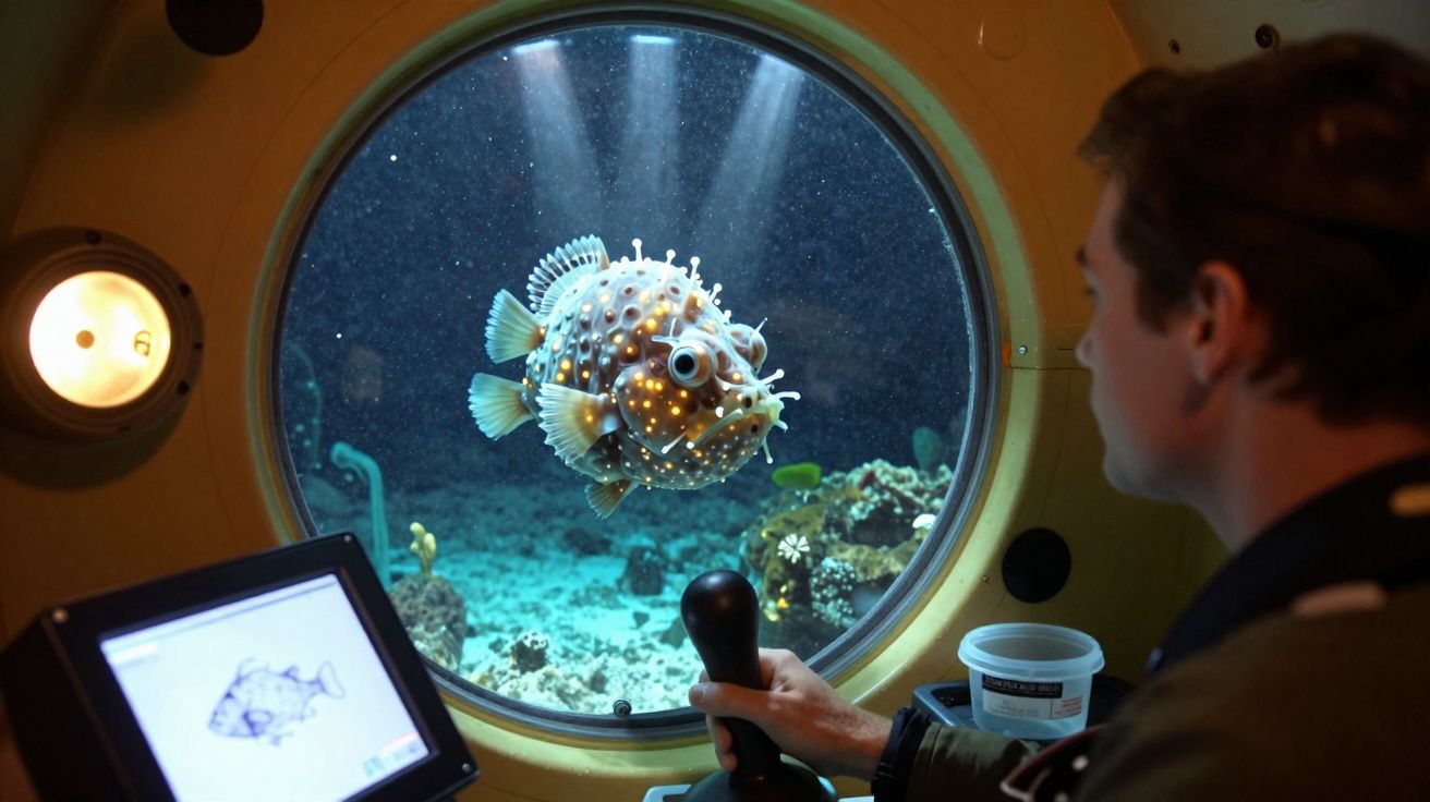 Homme à l’intérieur d’un sous-marin observe un poisson-globe lumineux à travers un hublot rond sous-marin.