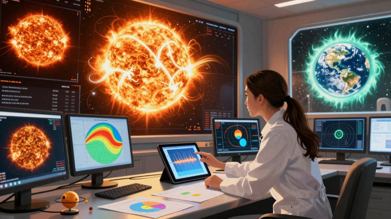 Scientifique analysant des données solaires sur plusieurs écrans dans un laboratoire spatial avec la Terre en arrière-plan.