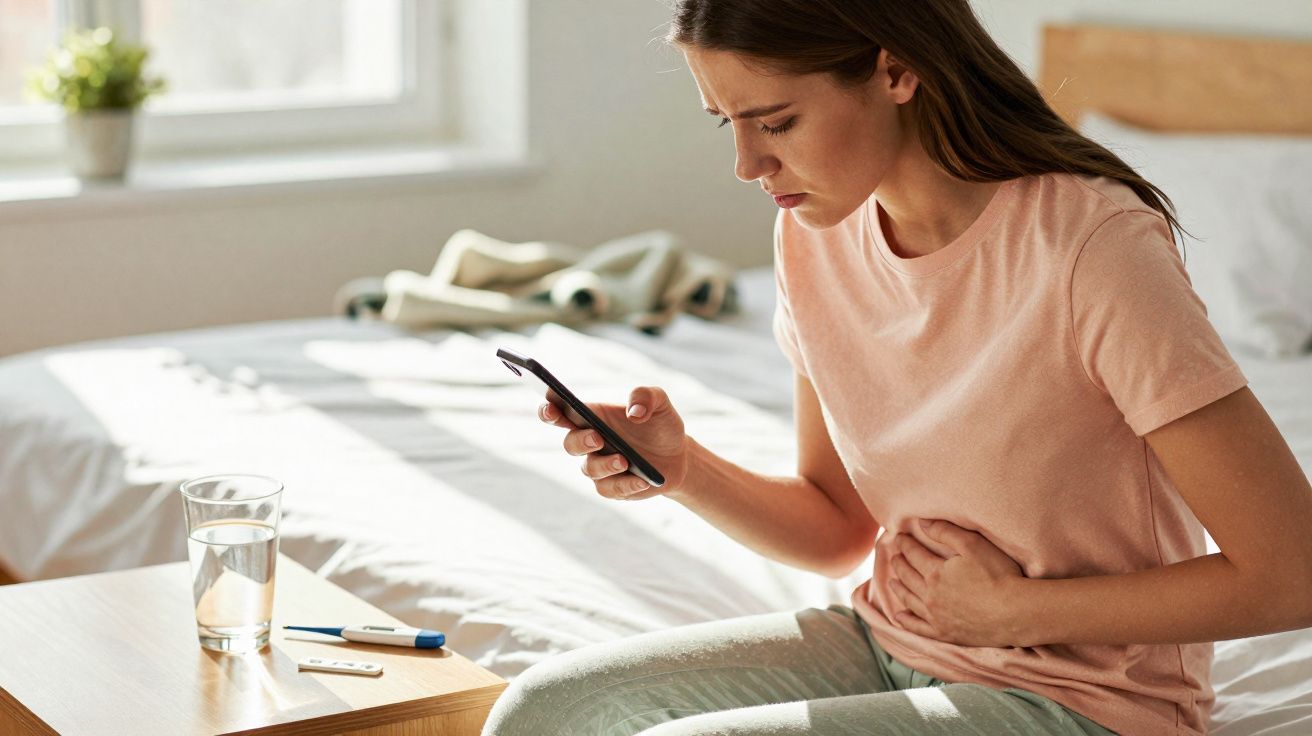 Jeune femme assise sur un lit tenant son ventre et regardant un test de grossesse avec inquiétude.