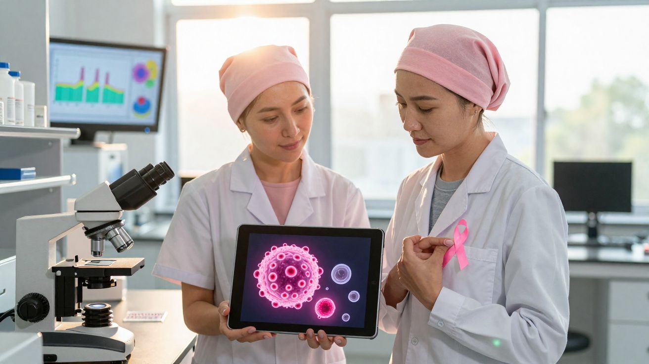Deux chercheuses en blouse discutent d'une image virale sur une tablette en laboratoire médical.