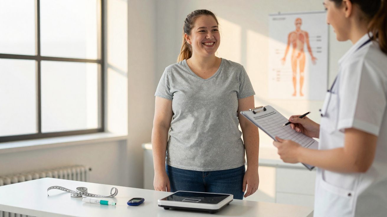Patiente souriante en consultation avec une professionnelle de santé dans un cabinet médical lumineux.