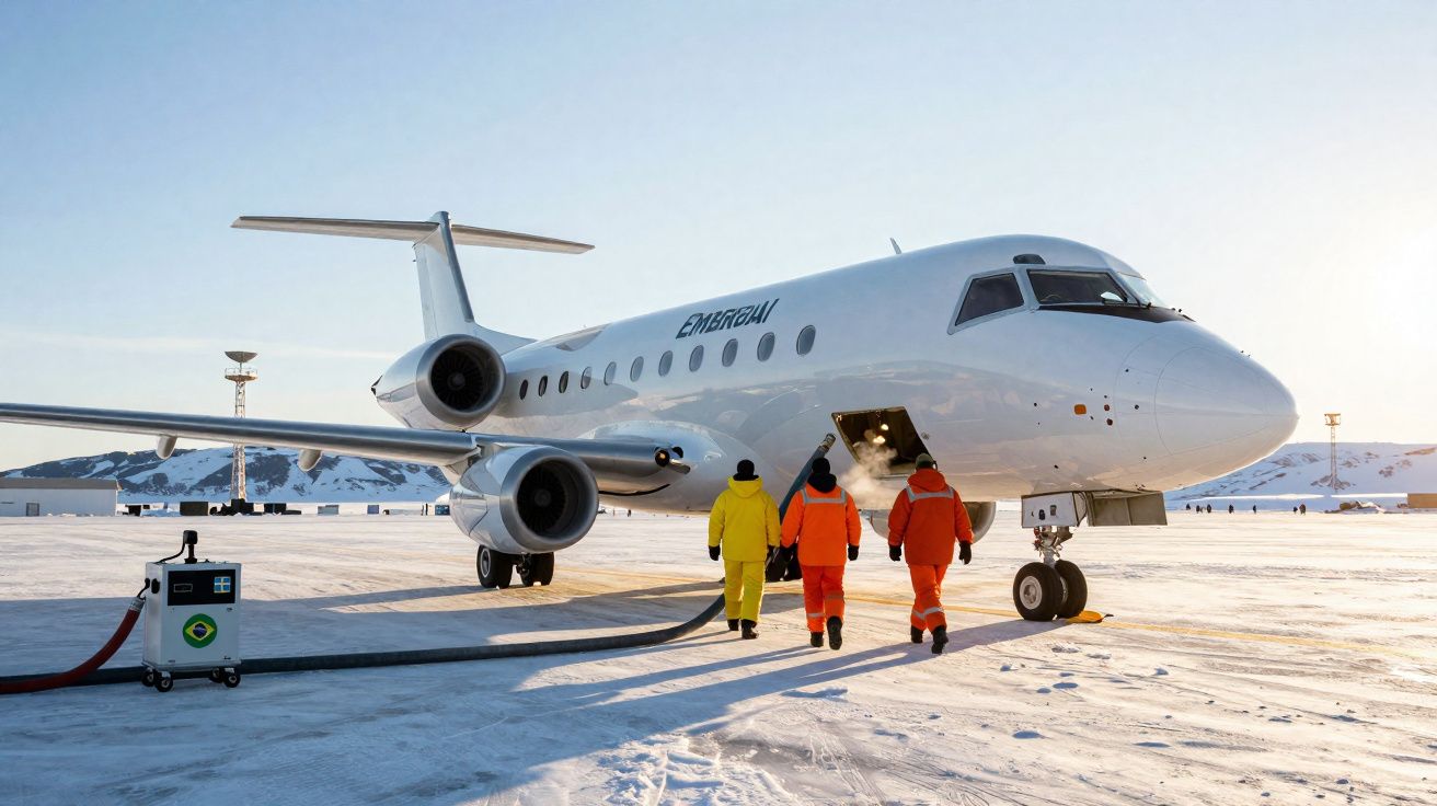 Avion d'affaires Embraer au sol dans un paysage enneigé avec trois techniciens en combinaison colorée.