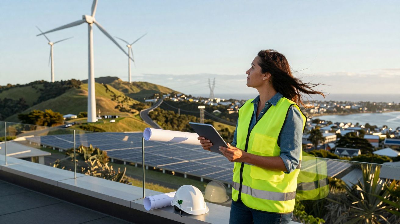 Femme ingénieure en gilet jaune tenant une tablette, devant des panneaux solaires et éoliennes sur fond de paysage côtier.