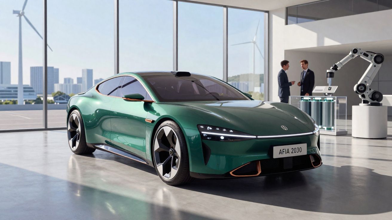 Voiture électrique sportive verte dans un showroom moderne avec deux hommes discutant et un bras robotique.