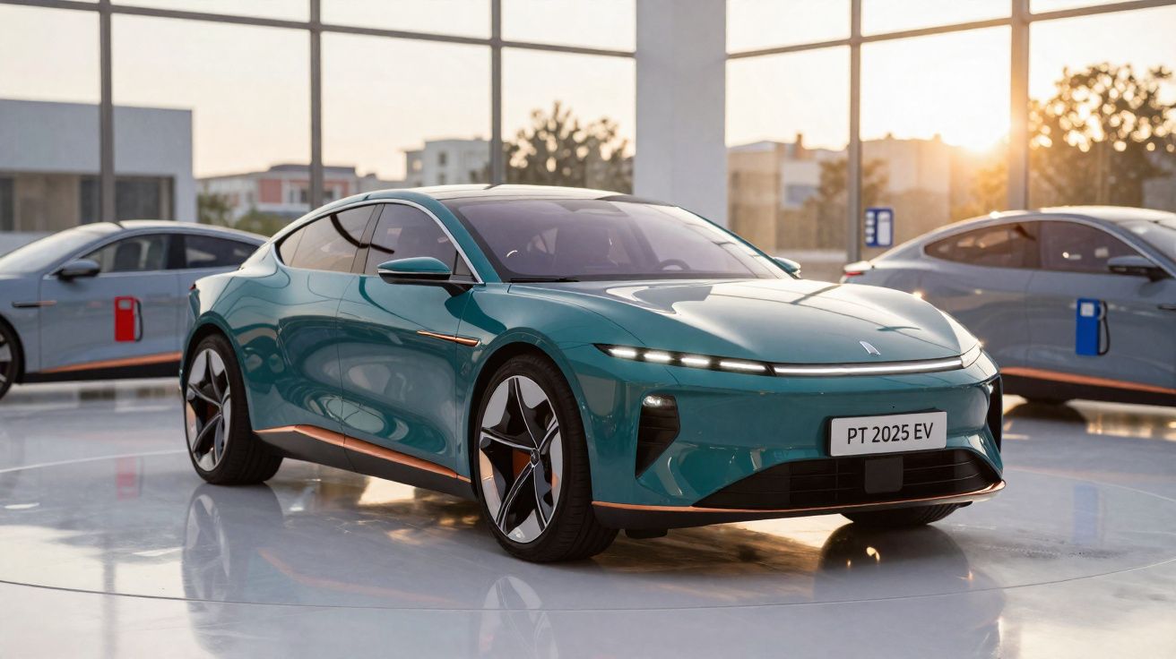 Voiture électrique sportive verte brillante stationnée dans un showroom moderne avec grandes fenêtres.