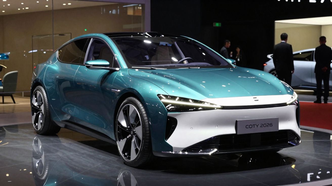 Voiture électrique compacte bleu métallisé au design futuriste exposée sur un sol brillant lors d'un salon auto.
