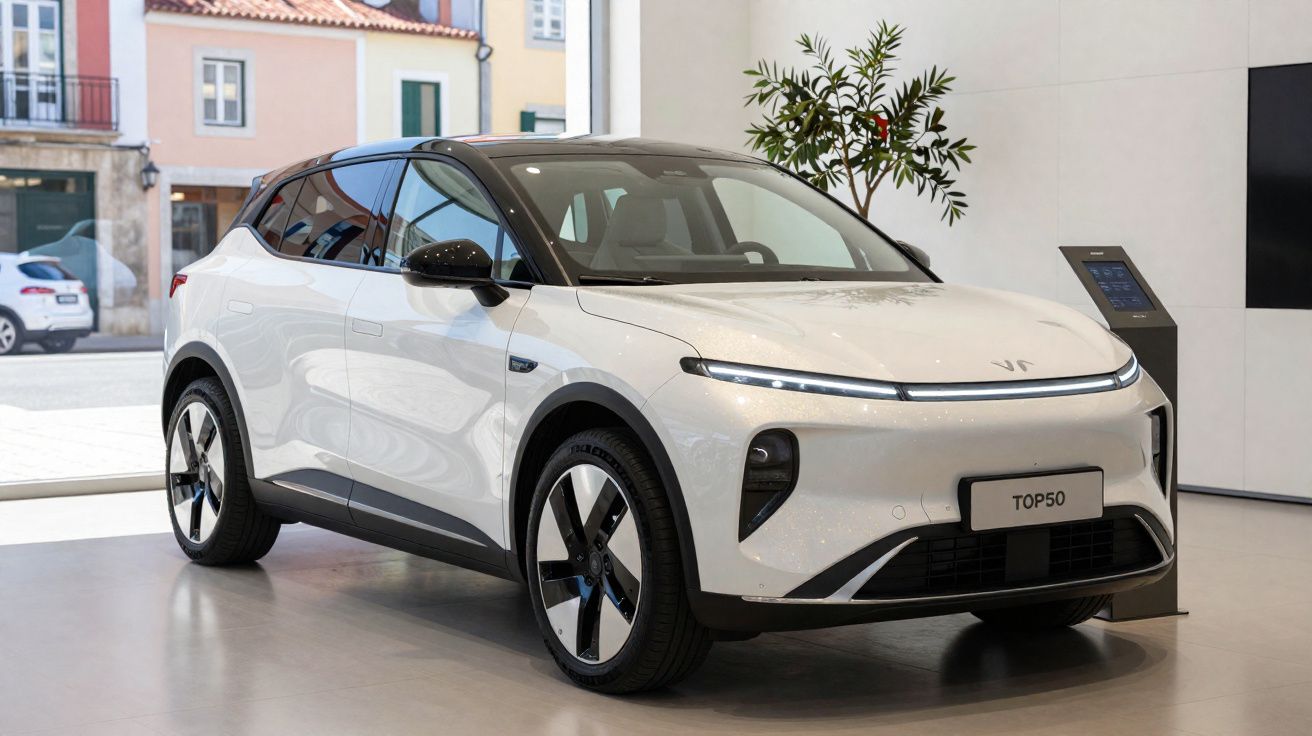 Voiture électrique blanche moderne VR TOP50 exposée en intérieur avec grandes fenêtres et plantes.