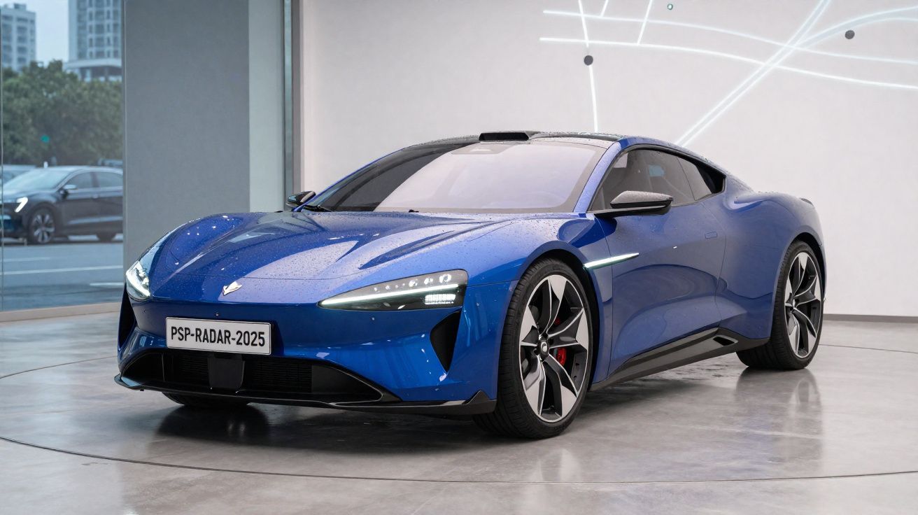 Voiture sportive électrique bleue brillante présentée dans un showroom moderne avec éclairage artistique.
