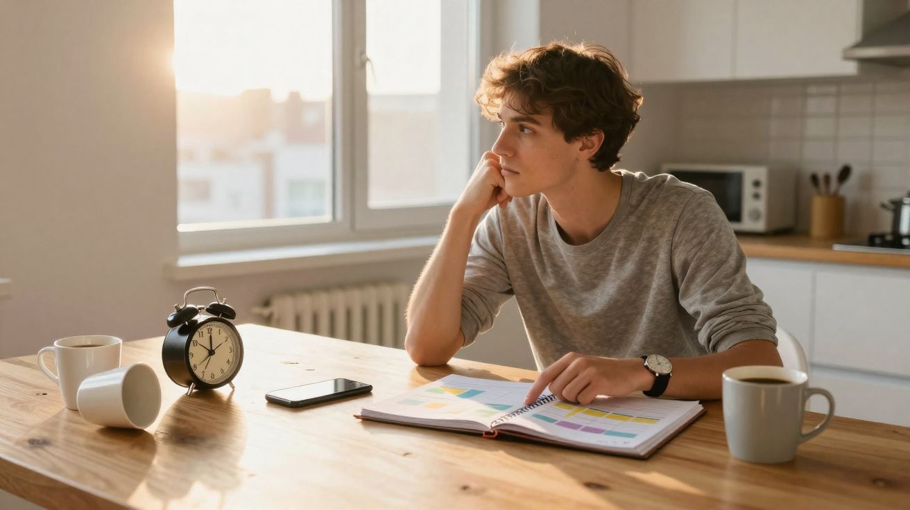 Jeune homme pensif regardant par la fenêtre avec un agenda, une horloge et des tasses sur une table en bois.