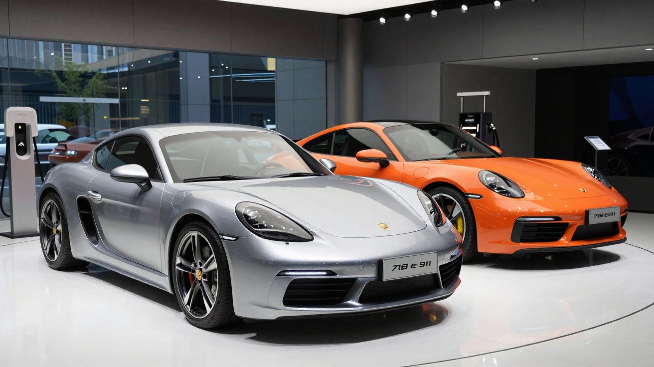 Deux voitures de sport Porsche grise et orange exposées dans un showroom moderne.