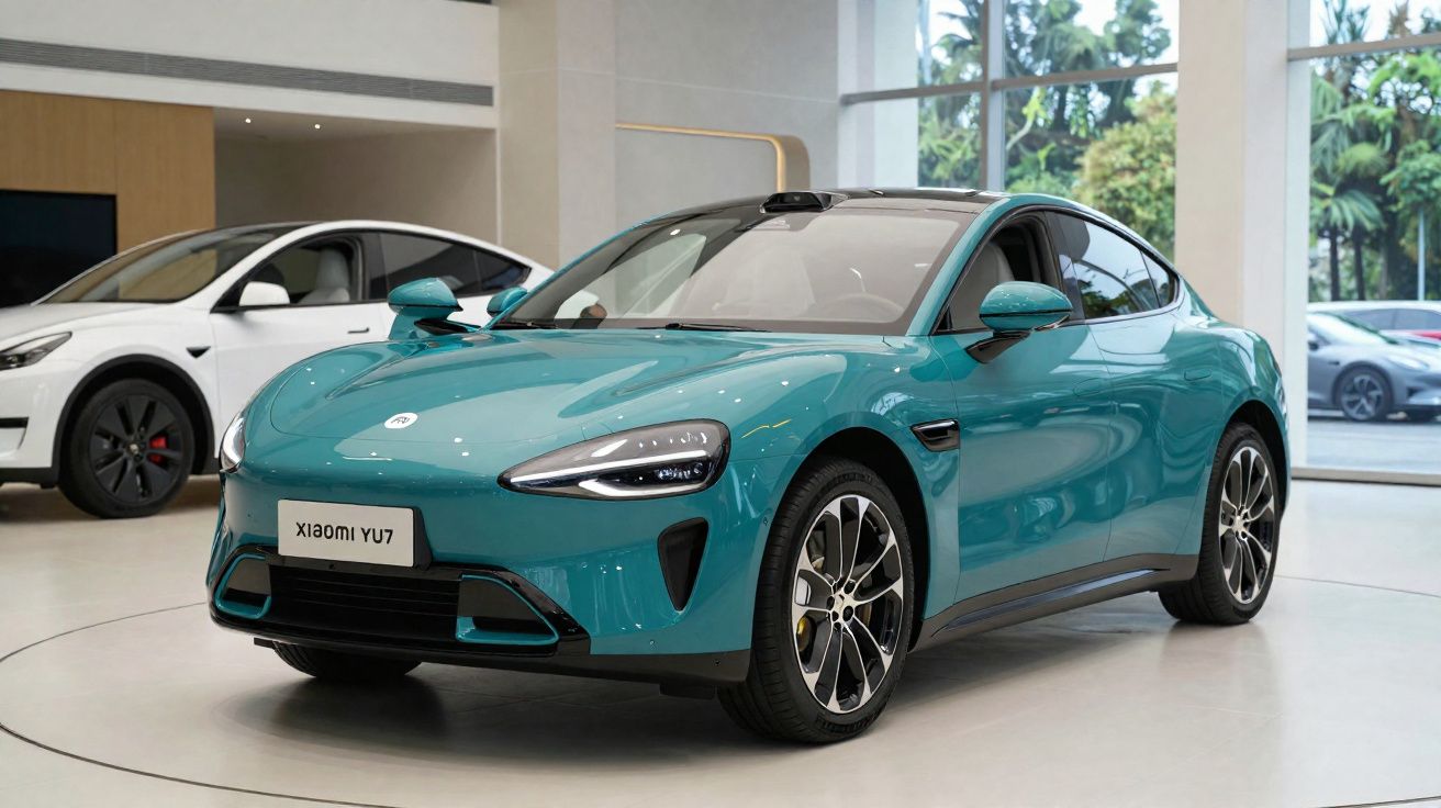 Voiture électrique sportive bleu turquoise Xiaomi YU7 exposée en showroom moderne avec une autre voiture blanche en arrière-p
