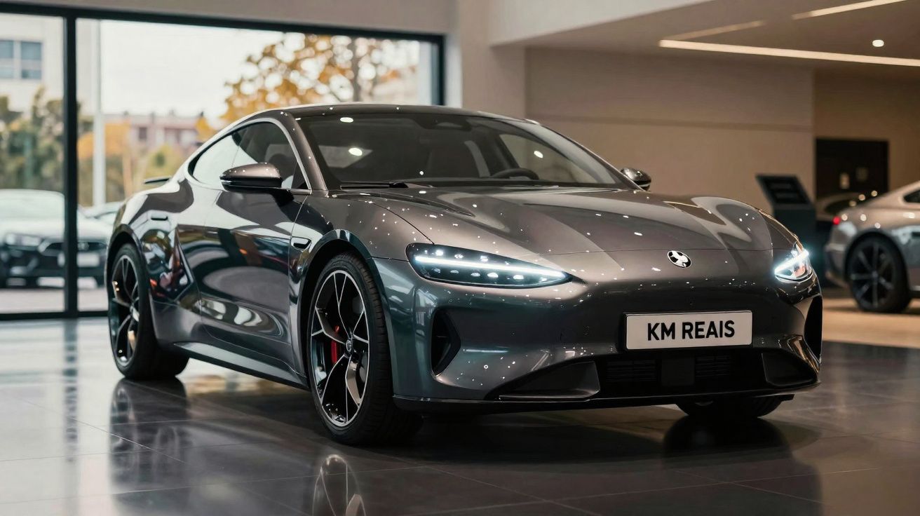 Voiture sportive grise métallisée exposée en showroom avec phares avant allumés et jantes noires.