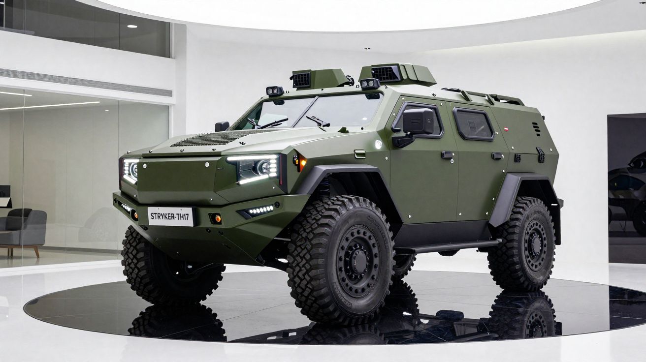 Véhicule blindé militaire vert kaki Stryker-T17 exposé dans un showroom moderne et lumineux.