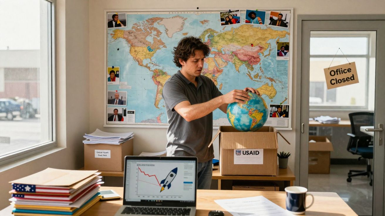 Homme tenant un globe terrestre dans un bureau, carte du monde et pancarte "Office Closed" en arrière-plan.