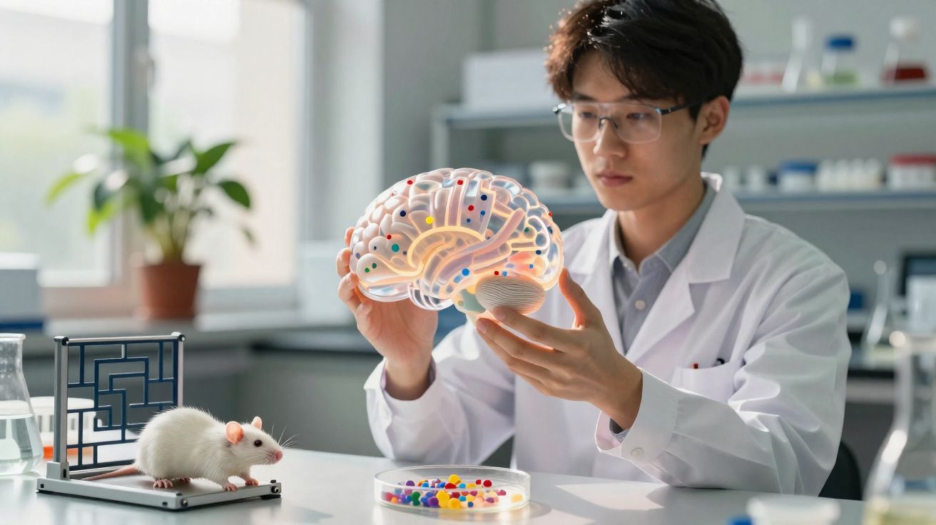 Chercheur en blouse blanche examinant un modèle 3D de cerveau avec une souris blanche en laboratoire.