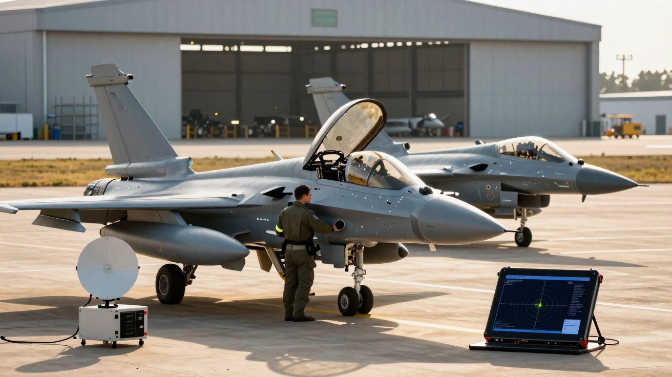 Deux avions de chasse gris stationnés sur une piste, un pilote entre dans le cockpit ouvert devant un hangar.