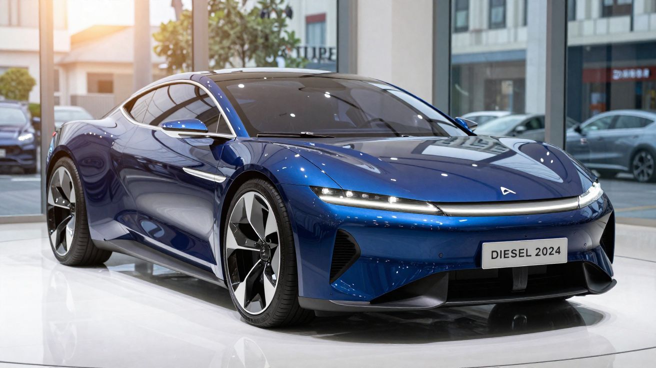 Voiture sportive électrique bleue brillante exposée dans un showroom moderne avec des reflets sur la carrosserie.