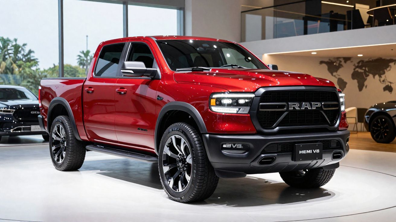 Camion pick-up rouge brillant avec calandre noire et jantes noires exposé dans un showroom moderne.